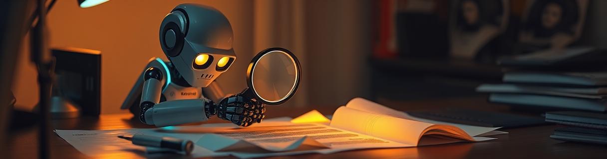 Robot-detektiv s lupou skládá roztrhané světélkující útržky papíru do jednoho zářícího dokumentu