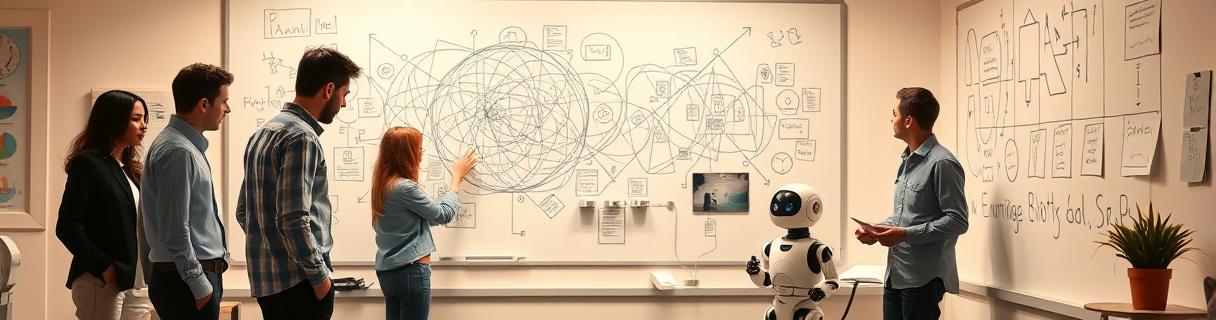 Zmatený tým u tabule plné zamotaných diagramů, v rohu sedí odpojený smutný robot a jeden člověk se ho chystá zase zapojit