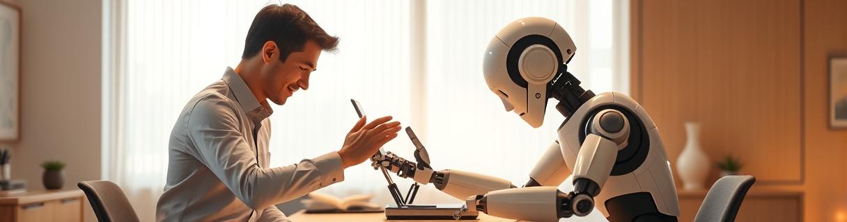 Člověk a přátelský robot se navzájem zdvořile zdraví úklonou nad stolem, mezi nimi měkká záře vzájemného respektu