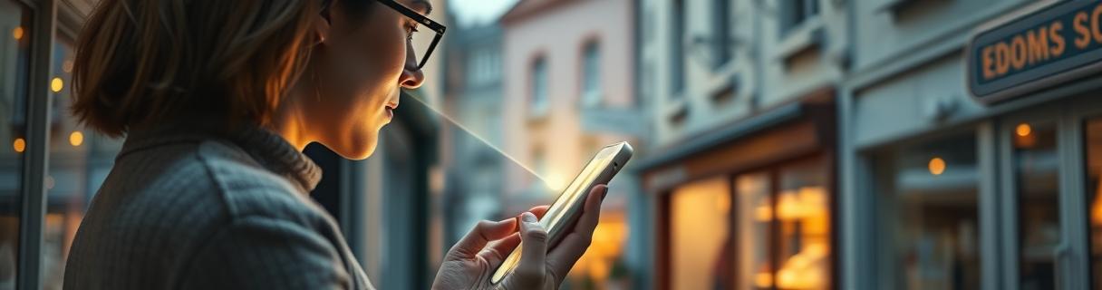 Žena se ptá svého AI asistenta v telefonu na doporučení a paprsek světla míří na jeden útulný obchůdek v ulici